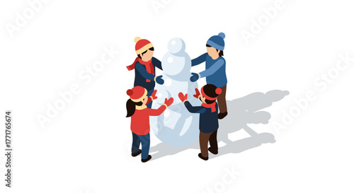 Children building a snowman in winter gear isometric winter fun scene