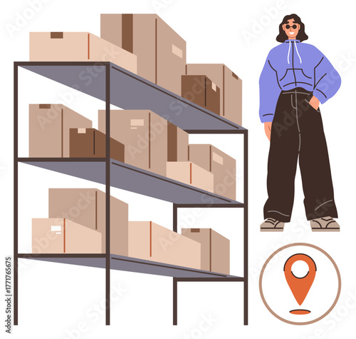Large shelving unit stacked with cardboard boxes, person in casual attire standing confidently. Ideal for logistics, shipping, warehouse, e-commerce, storage, supply chain and inventory. Simple flat