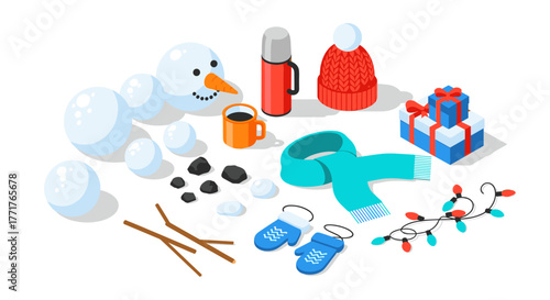 Festive winter elements with snowman and holiday accessories in isometric style