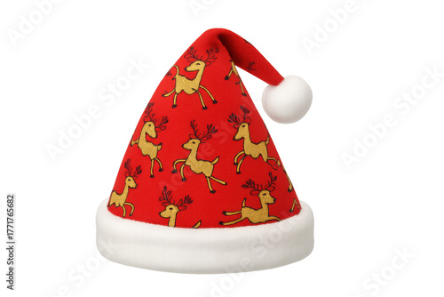 Red santa hat featuring reindeer pattern, white fur trim, pom-pom, festive christmas holiday accessory
