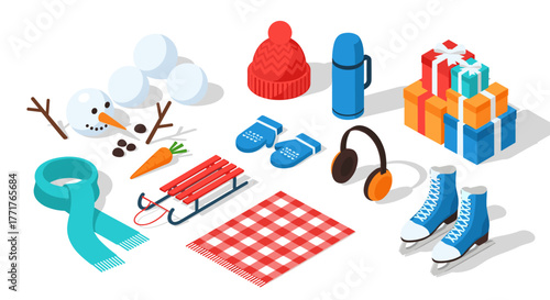 Winter activity essentials in isometric style from snow fun to cozy accessories