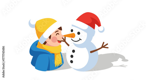 Festive winter fun child with snowman in santa hat on white background