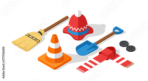 Winter cleanup tools in isometric style with traffic cone and snow shovel
