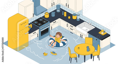 Floating adventure in a flooded kitchen playful isometric design