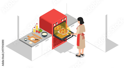 Isometric kitchen scene with woman baking pizza in red oven