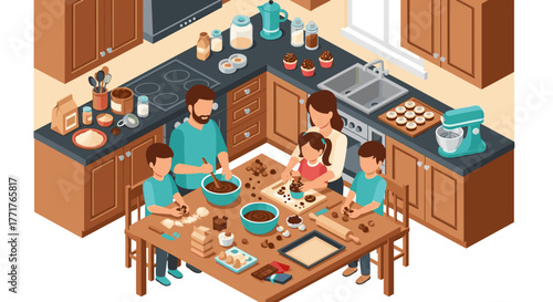 Family baking together in cozy kitchen isometric scene of parents and kids making cookies
