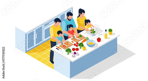 Family cooking in kitchen together in isometric style