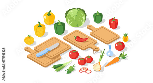 Isometric kitchen tools and fresh vegetables arrangement for cooking concepts