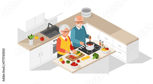 Elderly couple joyfully cooking together in modern kitchen scene