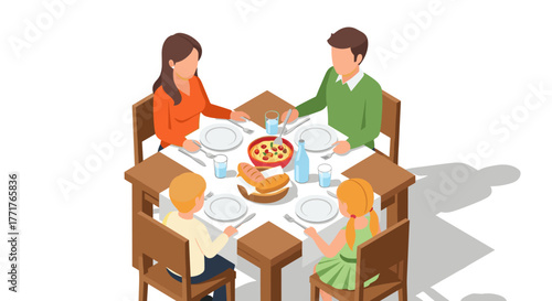 Family enjoying a meal together at a dining table in isometric style