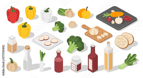 Isometric cooking ingredients with vegetables and kitchen utensils set