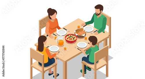 Family dinner time in isometric style with parents and children at table