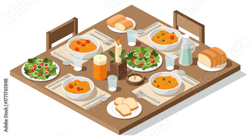 Isometric dining table with pasta and salad dishes for a cozy meal setting