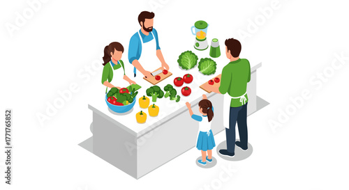 Family cooking together in kitchen with fresh vegetables in isometric style