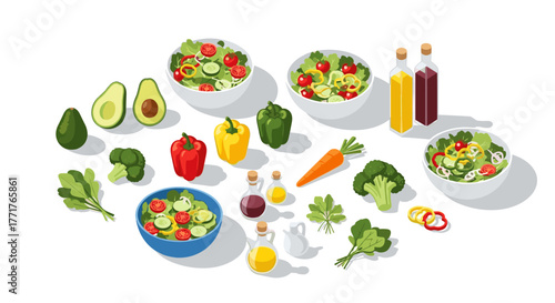 Fresh salad ingredients with assorted vegetables and dressings in isometric style