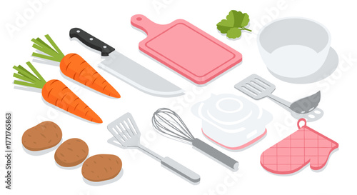 Isometric kitchen utensils and vegetables for cooking and recipe graphics