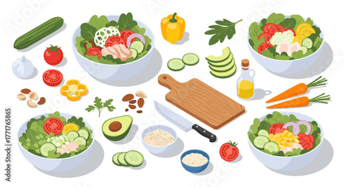 Fresh salad ingredients and preparation in isometric style for healthy eating