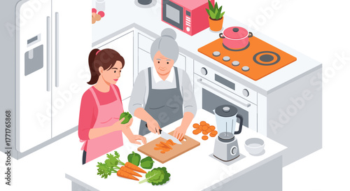Grandmother and granddaughter cooking in modern kitchen isometric style