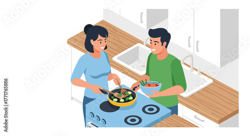Couple cooking together in modern kitchen with fresh ingredients and smiles