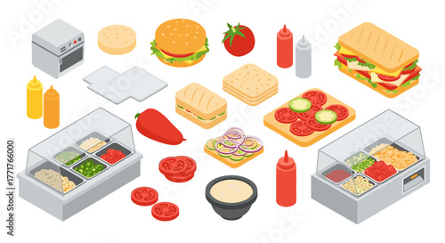Isometric fast food ingredients and preparation elements for sandwich and burger creation