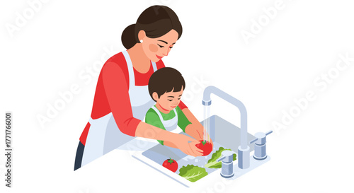 Mother and child washing vegetables in kitchen sink