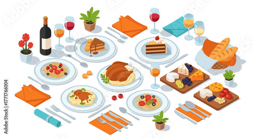 Isometric dinner table with diverse cuisine and elegant tableware