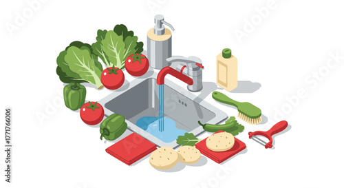 Isometric kitchen sink with vegetables and kitchenware