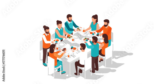 Isometric family gathering around dining table sharing meal