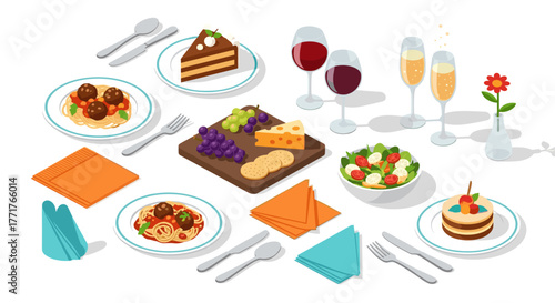Elegant isometric dining setup with dishes, wine, and desserts