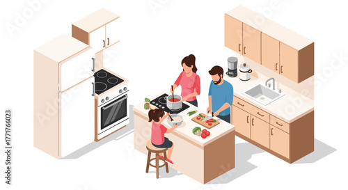 Family cooking together in modern isometric kitchen setting