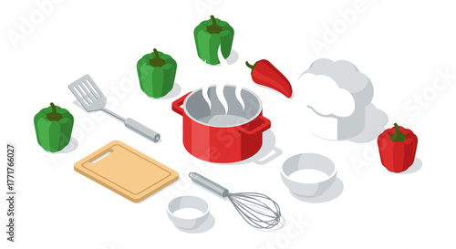 Culinary tools and vegetables in isometric style for modern kitchen design