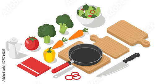 Isometric kitchen tools and vegetables set with cutting boards and pan