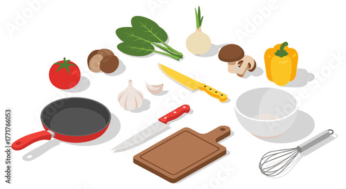 Isometric kitchen objects and vegetables with cutting tools on white background