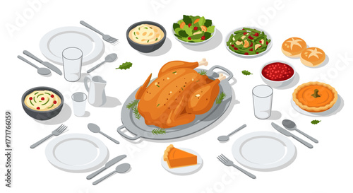 Festive thanksgiving dinner table with turkey, sides, and desserts in isometric style
