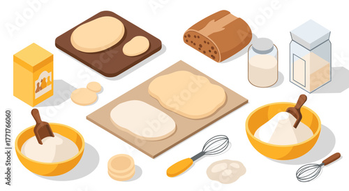 Isometric baking ingredients and tools in warm tones for creative kitchen design