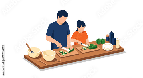 Isometric family cooking scene with father and child in kitchen