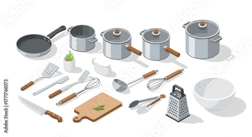 Isometric kitchenware collection with cooking utensils and pots