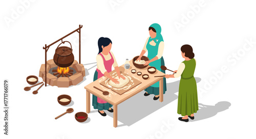 Traditional cooking scene with women preparing dough in isometric style