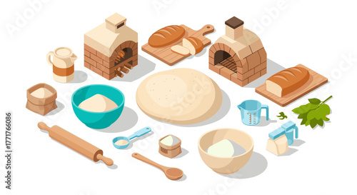 Rustic bread baking essentials in isometric style with brick ovens and ingredients