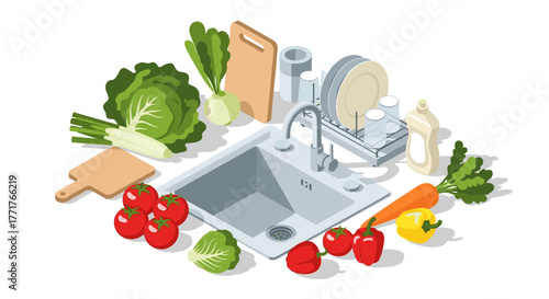 Modern kitchen counter scene with vegetables and dishwashing items in isometric style