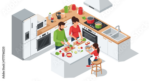 Family cooking together in modern kitchen isometric style