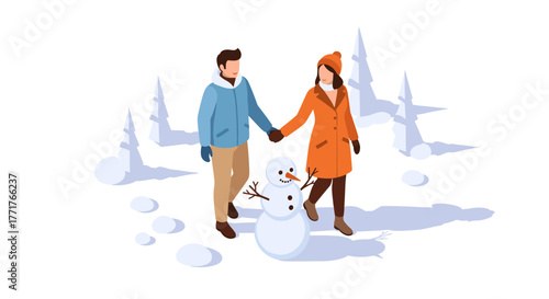 Winter stroll with snowman in scenic park landscape