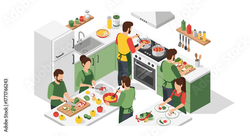Isometric modern kitchen scene with people cooking together
