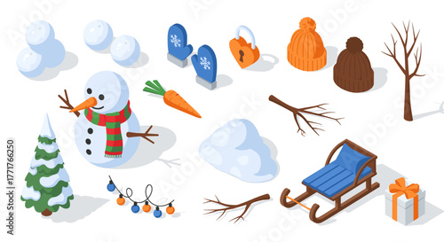 Winter elements set with snowman, sled, and holiday accessories in isometric style