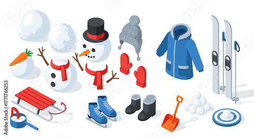 Isometric winter elements snowman, skates, ski gear, and more for seasonal design