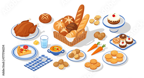 Isometric bakery feast fresh bread, pastries, and delicious desserts