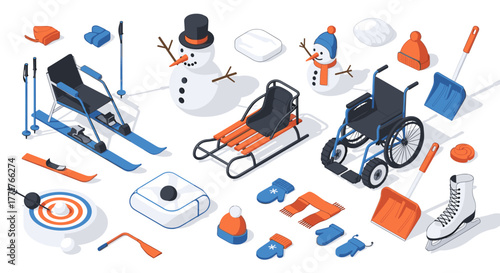 Winter sports and activities collection with isometric snowman and equipment