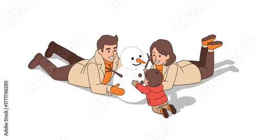 Family enjoying winter fun with snowman