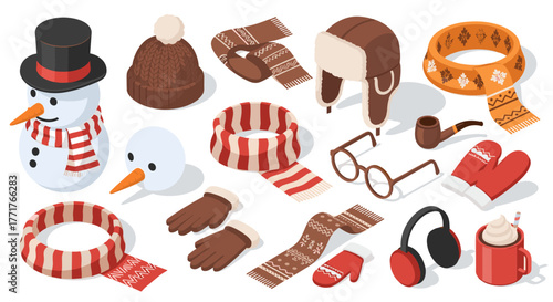 Winter accessories and snowman in cozy isometric style for seasonal design