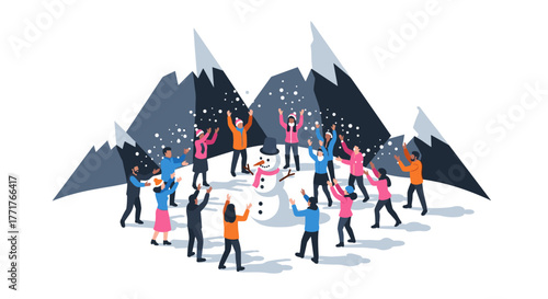 Winter celebration with friends building a snowman in mountain landscape